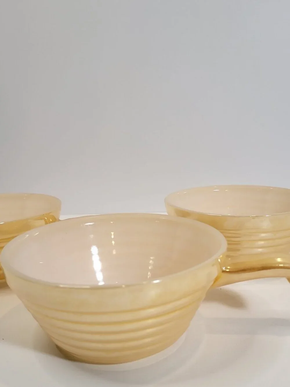 Set of 3 Vintage Fire-King Peach Luster Beehive Handled Soup Bowls